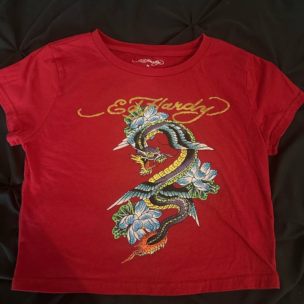 Ed Hardy Cropped Red Tee with Gold Logo